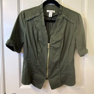 White House Black Market Olive Blouse with Gold Accents